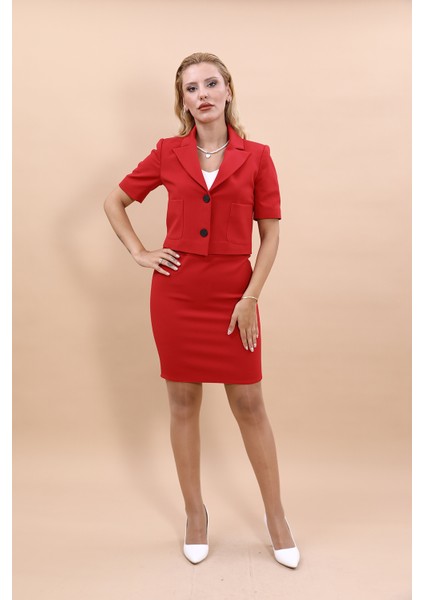 Kısa Kollu Yakalı Mini Ceket & Kısa Kalem Etek Takım-Kırmızı