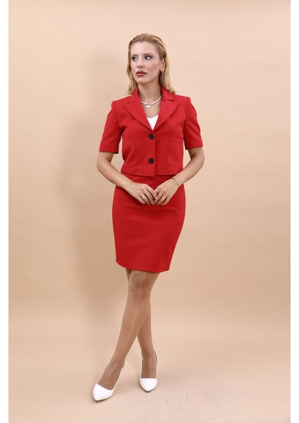 Kısa Kollu Yakalı Mini Ceket & Kısa Kalem Etek Takım-Kırmızı fiyatları