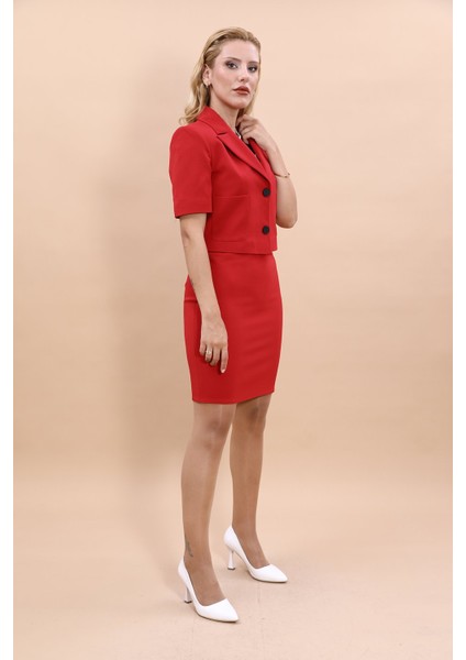 Kısa Kollu Yakalı Mini Ceket & Kısa Kalem Etek Takım-Kırmızı fırsatları
