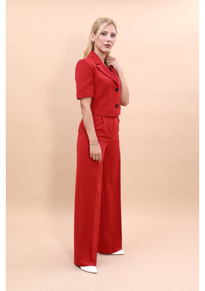 Kısa Kollu Yakalı Mini Ceket & Yüksek Bel Bol Paça Pantolon Takım-Kırmızı modelleri