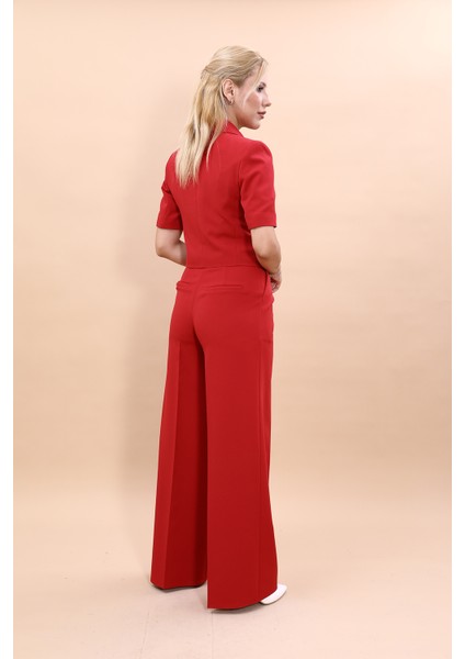 Kısa Kollu Yakalı Mini Ceket & Yüksek Bel Bol Paça Pantolon Takım-Kırmızı fırsatları