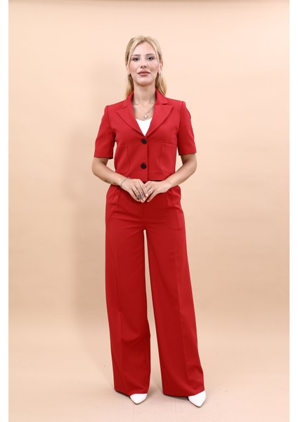 Kısa Kollu Yakalı Mini Ceket & Yüksek Bel Bol Paça Pantolon Takım-Kırmızı indirimleri