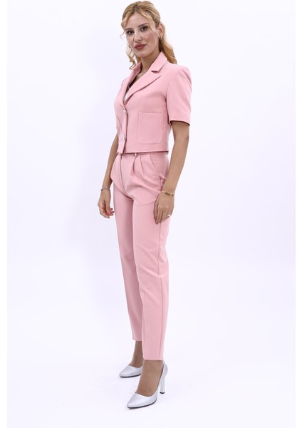Kısa Kollu Yakalı Mini Ceket & Pileli Boru Paça Pantolon Takım-Pudra fiyatları