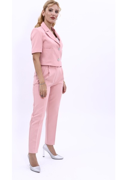 Kısa Kollu Yakalı Mini Ceket & Pileli Boru Paça Pantolon Takım-Pudra modelleri