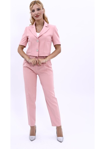 Kısa Kollu Yakalı Mini Ceket & Pileli Boru Paça Pantolon Takım-Pudra indirimleri