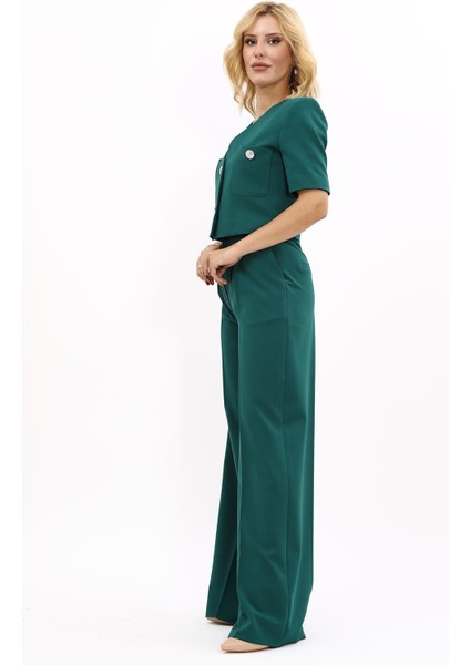 Kısa Kollu Yakasız Mini Ceket & Yüksek Bel Bol Paça Pantolon Takım-Zümrüt fiyatları