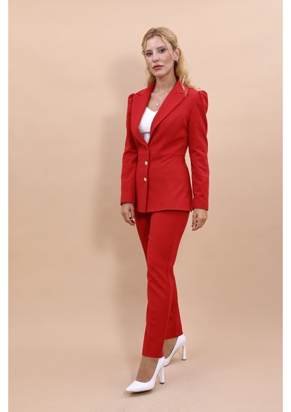 Midi Boy Drape Kol Ceket & Boru Paça Pantolon Takım-Kırmızı