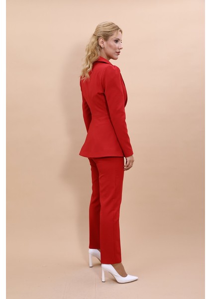 Midi Boy Drape Kol Ceket & Boru Paça Pantolon Takım-Kırmızı modelleri
