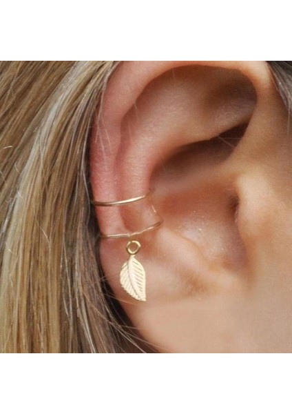 Yaprak Tüy Kolye Piercing Olmayan Klip Küpe (Gold) (Yurt Dışından)