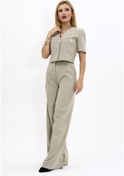 Kısa Kollu Yakasız Mini Ceket & Yüksek Bel Bol Paça Pantolon Takım-Bambu