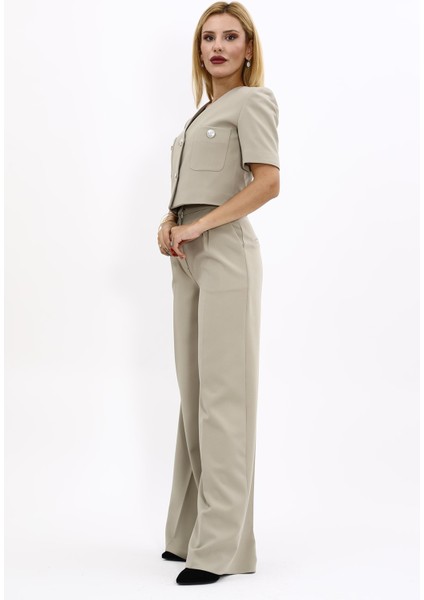 Kısa Kollu Yakasız Mini Ceket & Yüksek Bel Bol Paça Pantolon Takım-Bambu fiyatları