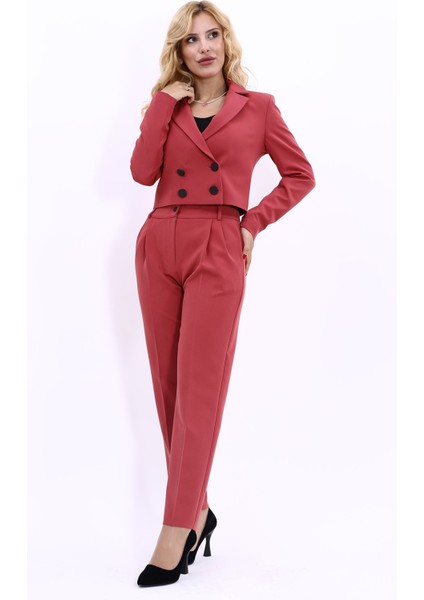 Erkek Yaka Kuruvaze Kısa Ceket & Kemerli Köprülü Dar Paça Pantolon-Kiremit