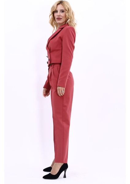 Erkek Yaka Kuruvaze Kısa Ceket & Kemerli Köprülü Dar Paça Pantolon-Kiremit fiyatları