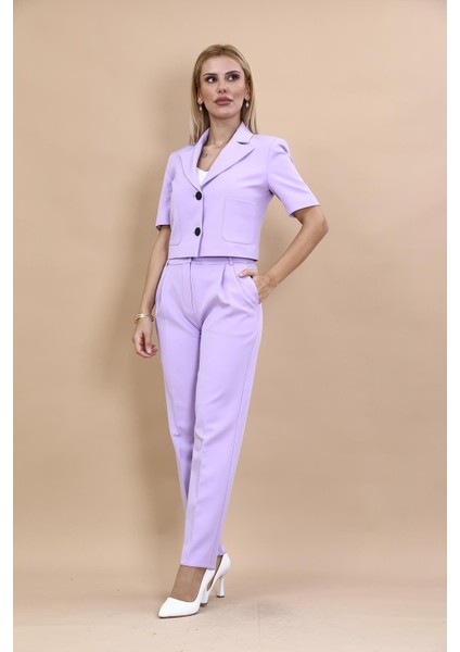 Kısa Kollu Yakalı Mini Ceket & Pileli Boru Paça Pantolon Takım-Menekşe