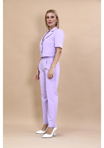 Kısa Kollu Yakalı Mini Ceket & Pileli Boru Paça Pantolon Takım-Menekşe fiyatları