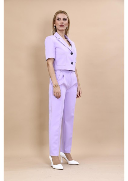 Kısa Kollu Yakalı Mini Ceket & Pileli Boru Paça Pantolon Takım-Menekşe modelleri