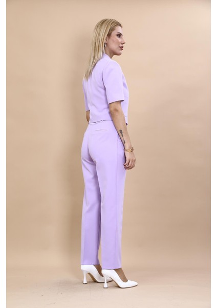 Kısa Kollu Yakalı Mini Ceket & Pileli Boru Paça Pantolon Takım-Menekşe fırsatları