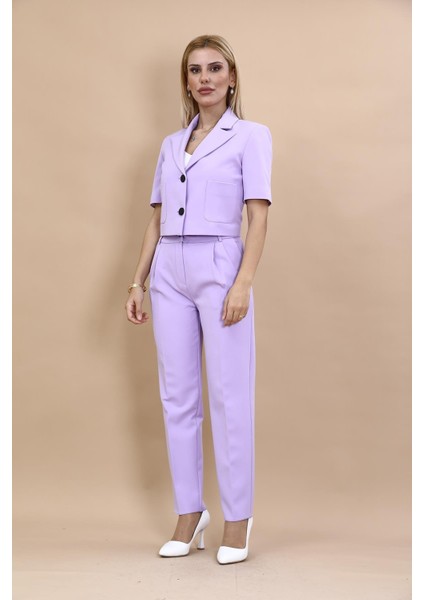 Kısa Kollu Yakalı Mini Ceket & Pileli Boru Paça Pantolon Takım-Menekşe indirimleri