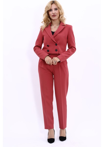 Erkek Yaka Kuruvaze Kısa Ceket & Kemerli Köprülü Dar Paça Pantolon-Kiremit indirimleri