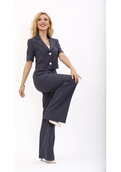 Kısa Kollu Yakalı Mini Ceket & Yüksek Bel Bol Paça Pantolon Takım-Füme