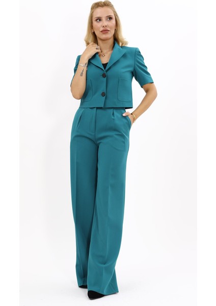 Kısa Kollu Yakalı Mini Ceket & Yüksek Bel Bol Paça Pantolon Takım-Petrol