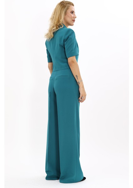 Kısa Kollu Yakalı Mini Ceket & Yüksek Bel Bol Paça Pantolon Takım-Petrol fırsatları