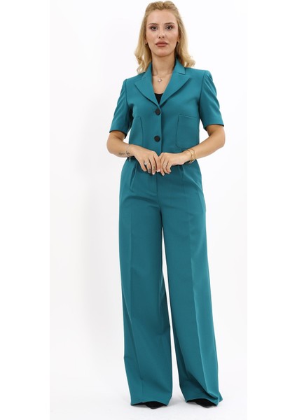 Kısa Kollu Yakalı Mini Ceket & Yüksek Bel Bol Paça Pantolon Takım-Petrol indirimleri