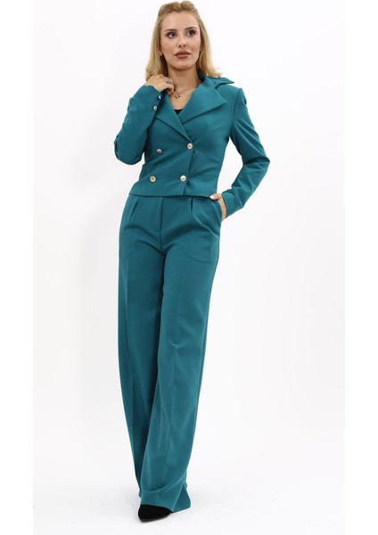Gömlek Yaka Kuruvaze Kısa Ceket & Korsaj Kemer Palazzo Pantolon-Petrol