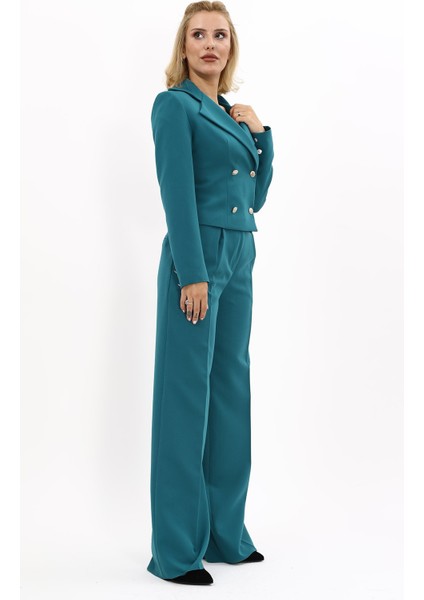 Gömlek Yaka Kuruvaze Kısa Ceket & Korsaj Kemer Palazzo Pantolon-Petrol modelleri