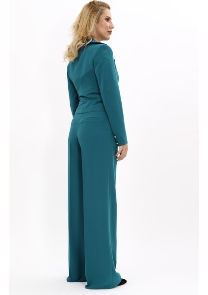 Gömlek Yaka Kuruvaze Kısa Ceket & Korsaj Kemer Palazzo Pantolon-Petrol fırsatları