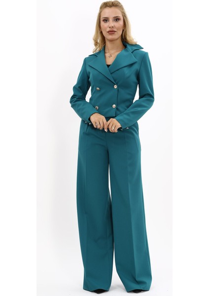 Gömlek Yaka Kuruvaze Kısa Ceket & Korsaj Kemer Palazzo Pantolon-Petrol indirimleri