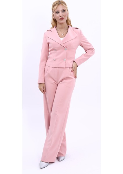 Gömlek Yaka Kuruvaze Kısa Ceket & Korsaj Kemer Palazzo Pantolon-Pudra