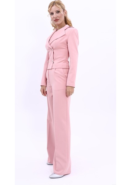 Gömlek Yaka Kuruvaze Kısa Ceket & Korsaj Kemer Palazzo Pantolon-Pudra fiyatları