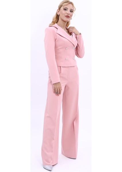 Gömlek Yaka Kuruvaze Kısa Ceket & Korsaj Kemer Palazzo Pantolon-Pudra modelleri