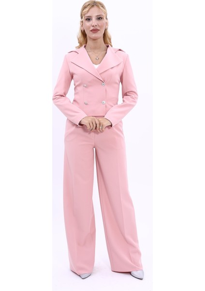 Gömlek Yaka Kuruvaze Kısa Ceket & Korsaj Kemer Palazzo Pantolon-Pudra indirimleri