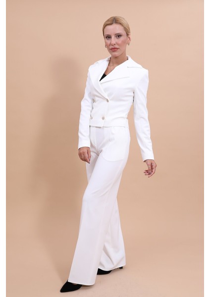 Gömlek Yaka Kuruvaze Kısa Ceket & Korsaj Kemer Palazzo Pantolon-Beyaz