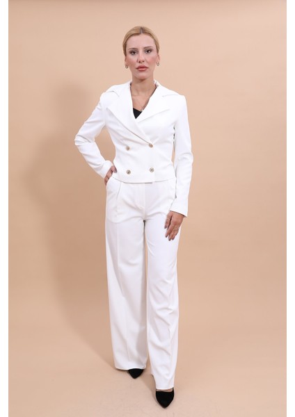 Gömlek Yaka Kuruvaze Kısa Ceket & Korsaj Kemer Palazzo Pantolon-Beyaz fiyatları