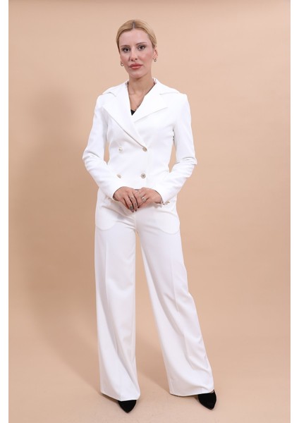 Gömlek Yaka Kuruvaze Kısa Ceket & Korsaj Kemer Palazzo Pantolon-Beyaz fırsatları