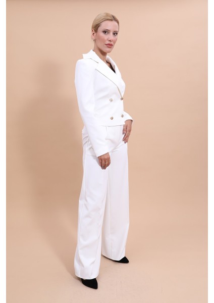 Gömlek Yaka Kuruvaze Kısa Ceket & Korsaj Kemer Palazzo Pantolon-Beyaz indirimleri