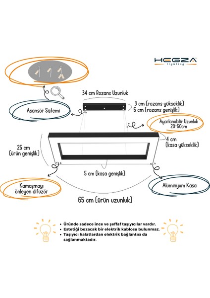 Mesita (Beyaz Kasa, Beyaz Işık) Ledli Modern Sarkıt Linear LED Avize Salon Mutfak Oturma Odası Yatak Odası Antre Hol LED Dikdörtgen