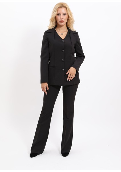 Erkek Yaka Yelek Ceket & İspanyol Paça Pantolon-Siyah