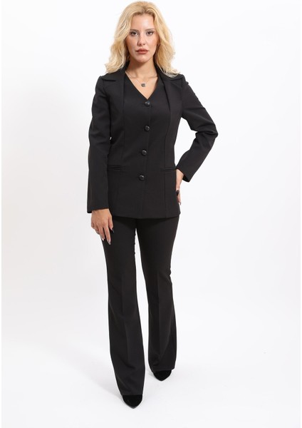 Erkek Yaka Yelek Ceket & İspanyol Paça Pantolon-Siyah fiyatları