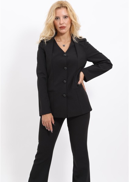 Erkek Yaka Yelek Ceket & İspanyol Paça Pantolon-Siyah fırsatları