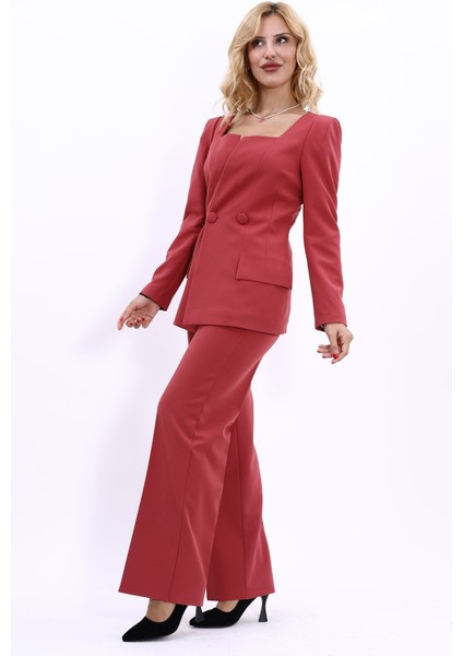 Kare Yaka Ceket & Bol Paça Pantolon-Kiremit