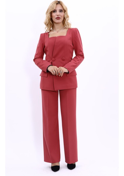 Kare Yaka Ceket & Bol Paça Pantolon-Kiremit fırsatları