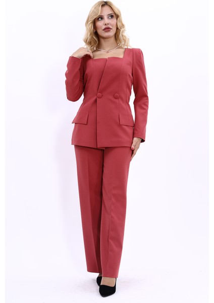 Kare Yaka Ceket & Bol Paça Pantolon-Kiremit indirimleri