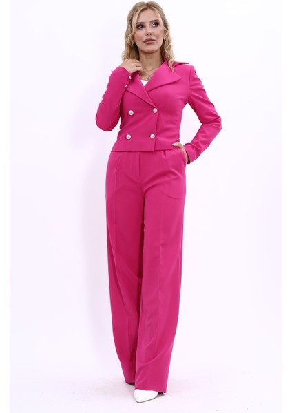 Gömlek Yaka Kuruvaze Kısa Ceket & Korsaj Kemer Palazzo Pantolon-Fuşya