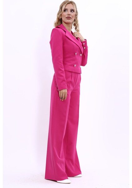 Gömlek Yaka Kuruvaze Kısa Ceket & Korsaj Kemer Palazzo Pantolon-Fuşya modelleri