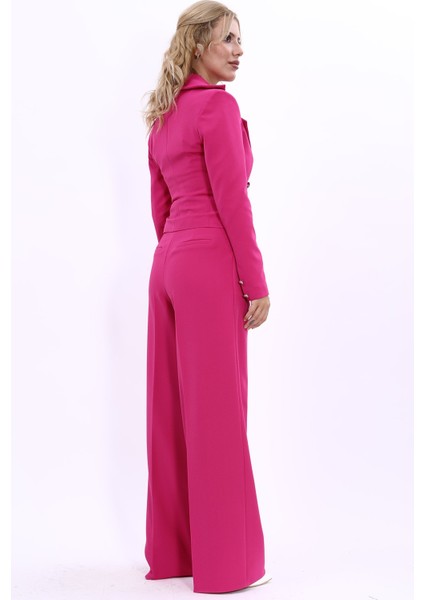 Gömlek Yaka Kuruvaze Kısa Ceket & Korsaj Kemer Palazzo Pantolon-Fuşya fırsatları