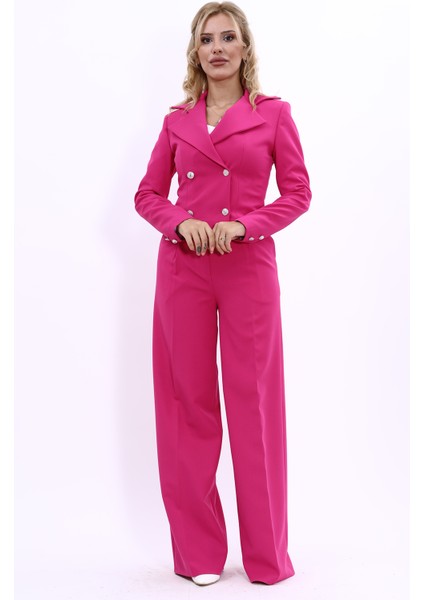 Gömlek Yaka Kuruvaze Kısa Ceket & Korsaj Kemer Palazzo Pantolon-Fuşya indirimleri